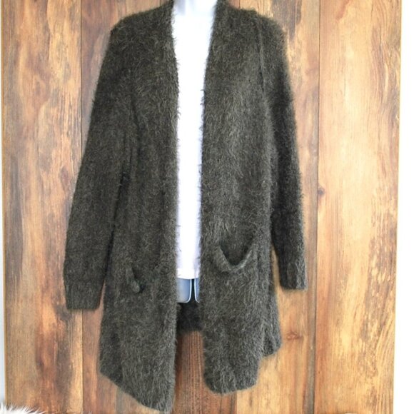 Crescent Boutique Gray Shag Cardigan Open Front Sweater M - Picture 2 of 4